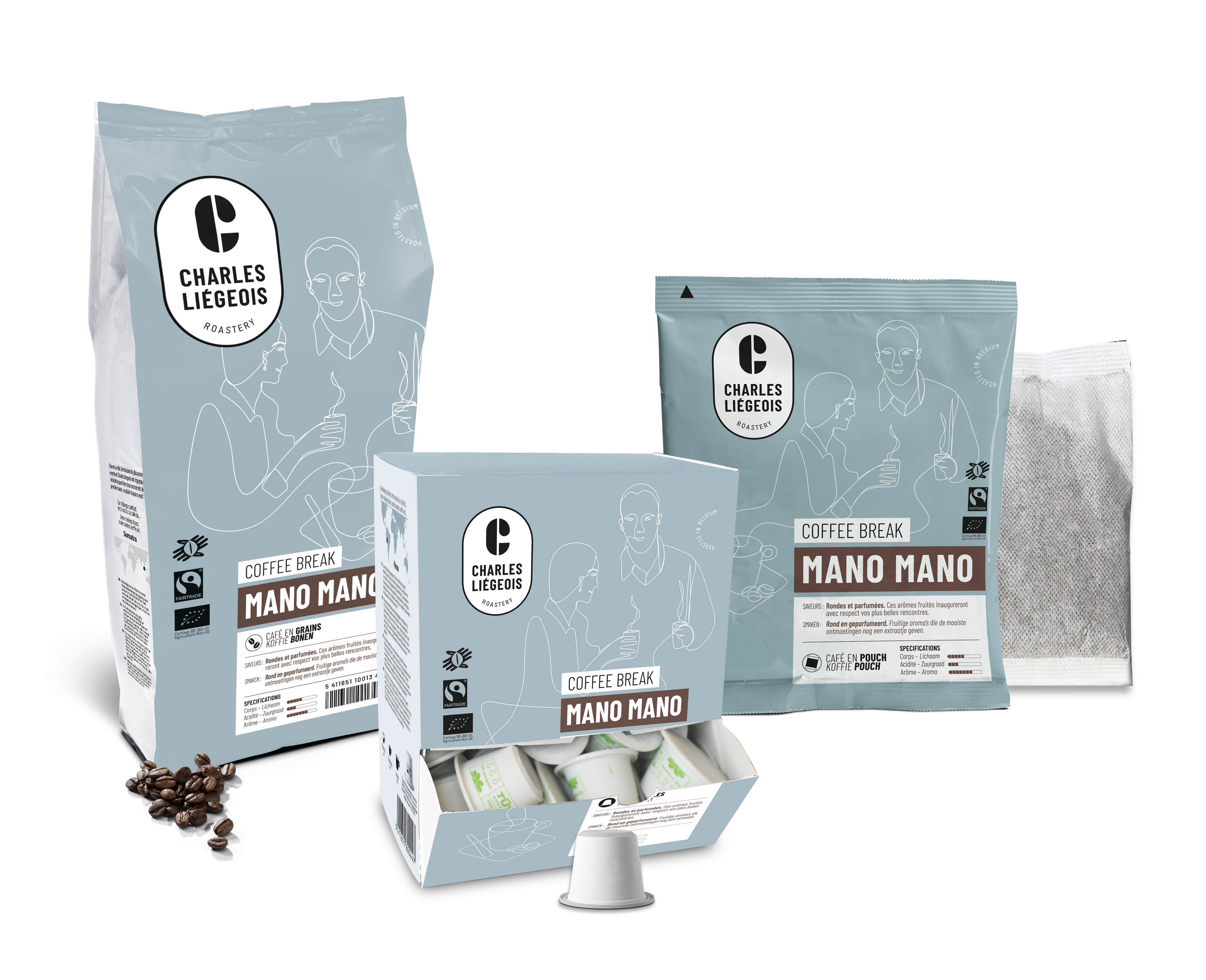 Pack Mano Mano Coffee Break koffie assortiment van Charles Liégeois Roastery