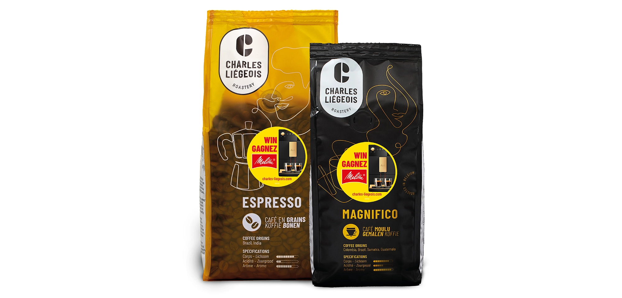 paquets de café Espresso e ngraisn et Magnifico moulu, de la marque Charles Liégeois Roastery