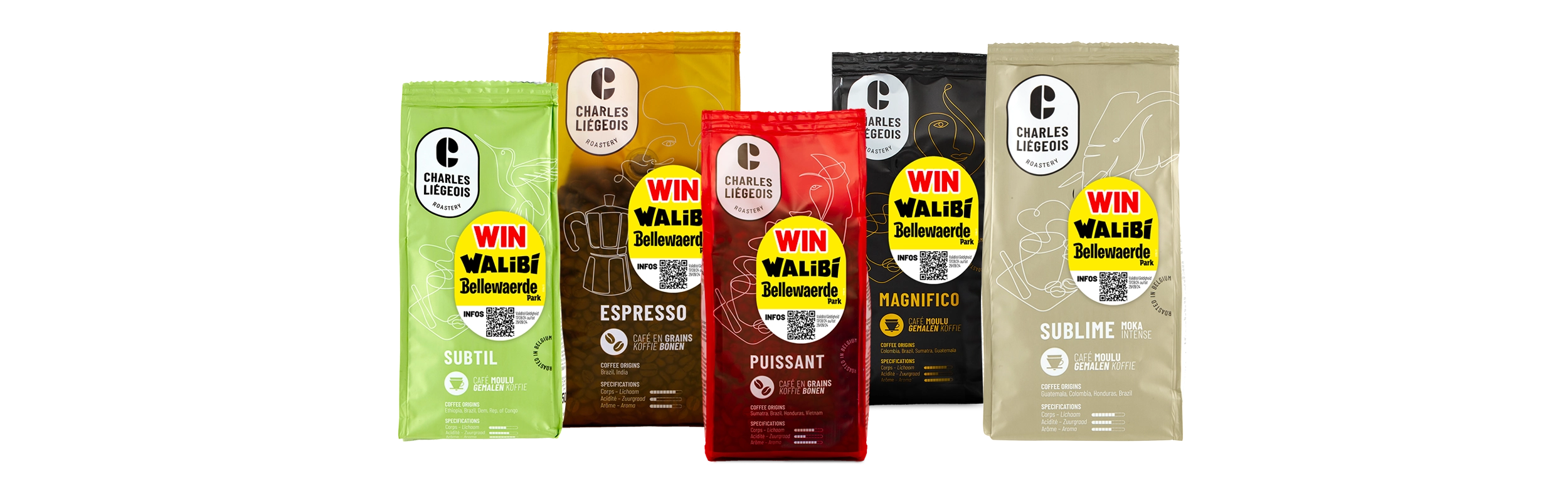 packs de café Charles Liégeois, assortiment de café en grains et moulu packs de café Charles Liégeois, assortiment de café en grains et moulu
