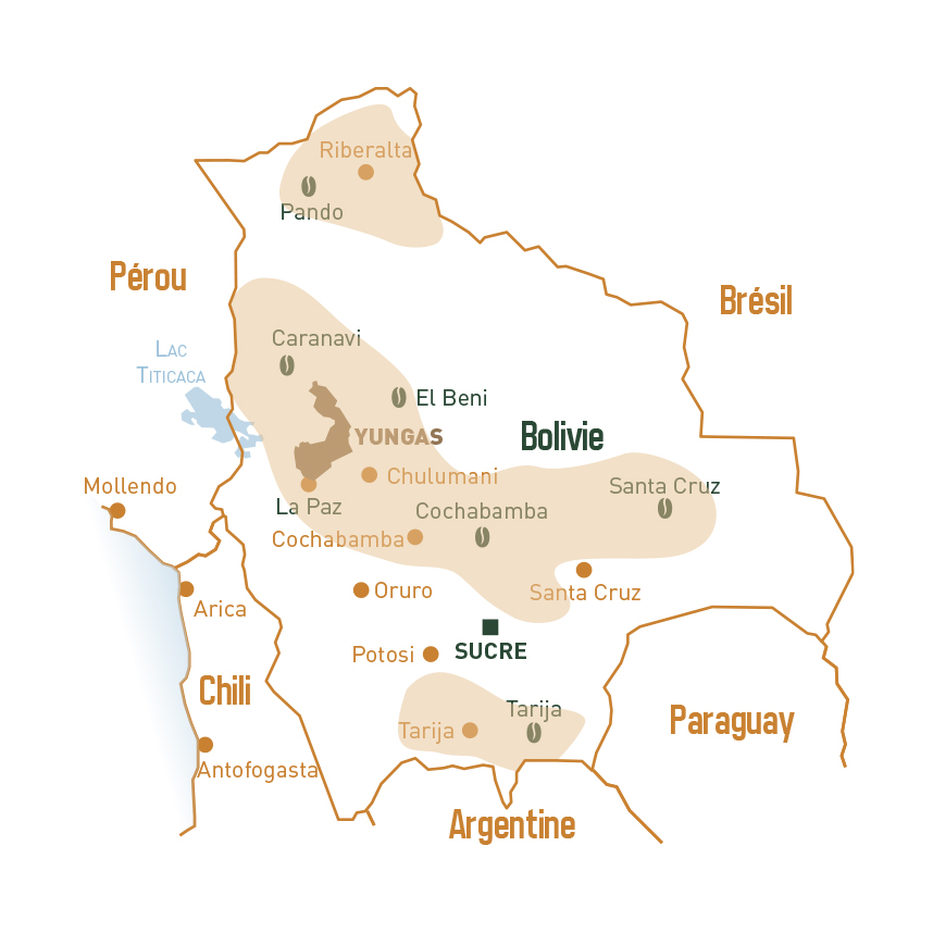 carte de la Bolivie indiquant les cultures de café