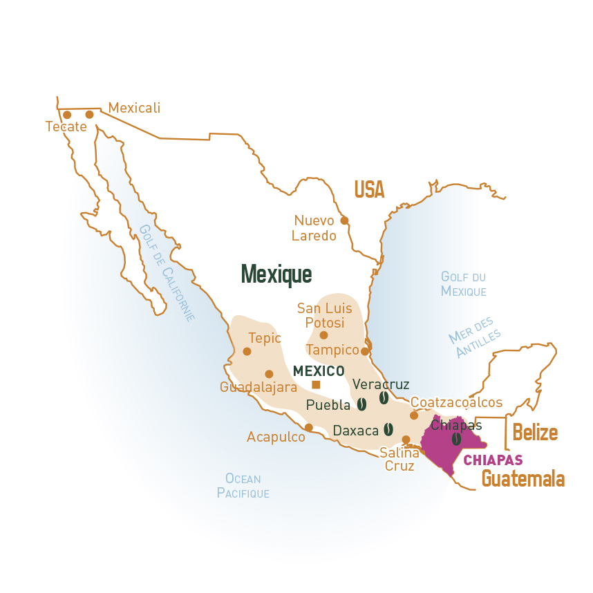 carte du Mexique indiquant les cultures de café