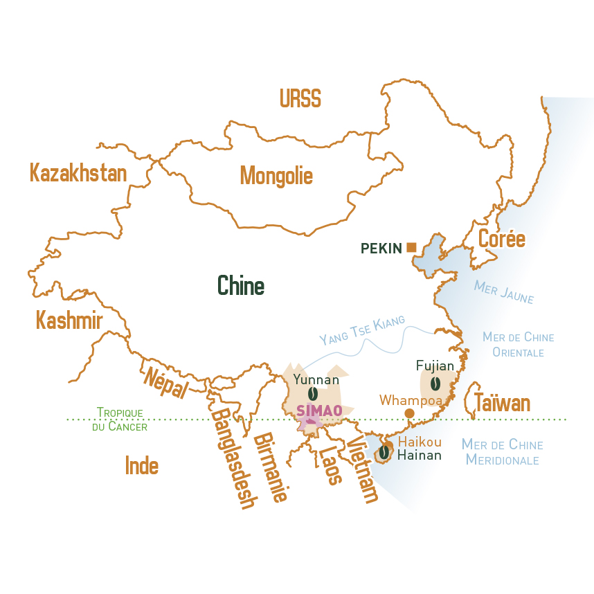 carte de la Chine indiquant les cultures de café
