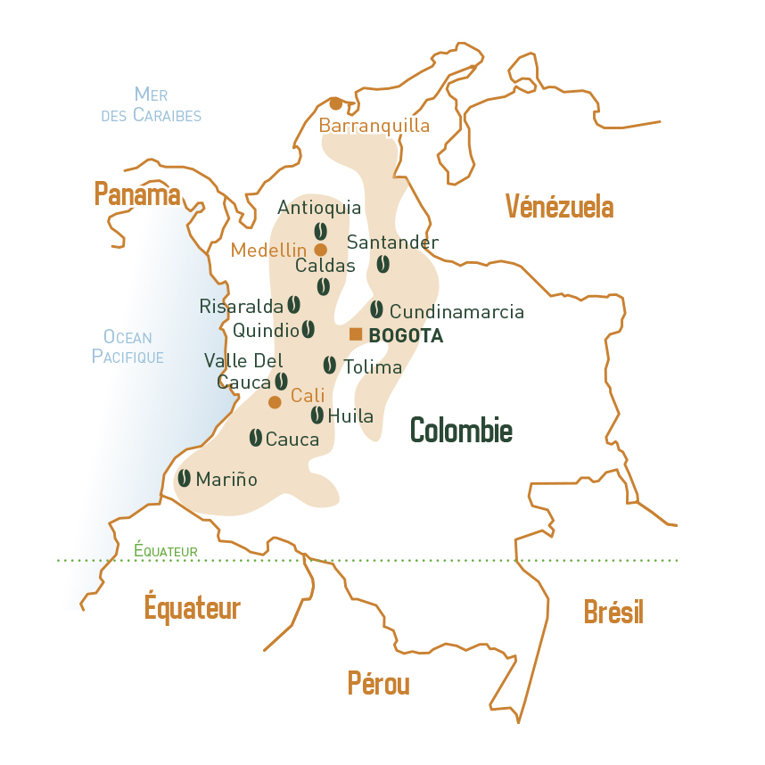 carte de la Colombie indiquant les cultures de café
