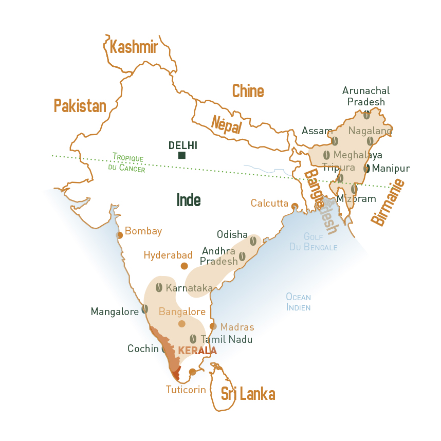 carte de l'Inde indiquant les cultures de café