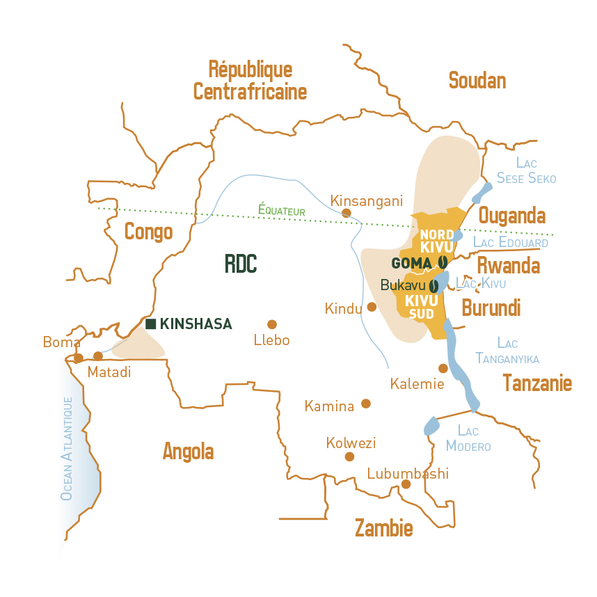 carte de la République Démocratique du Congo indiquant les cultures de café