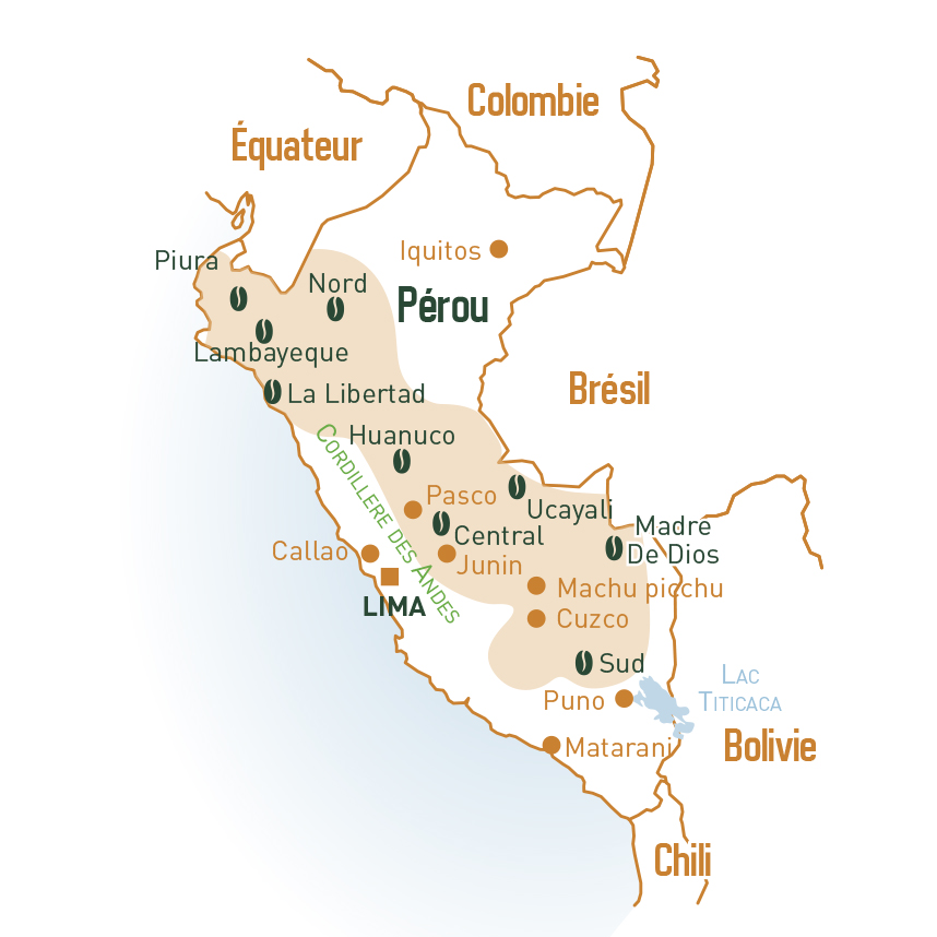 carte du Pérou indiquant les cultures de café