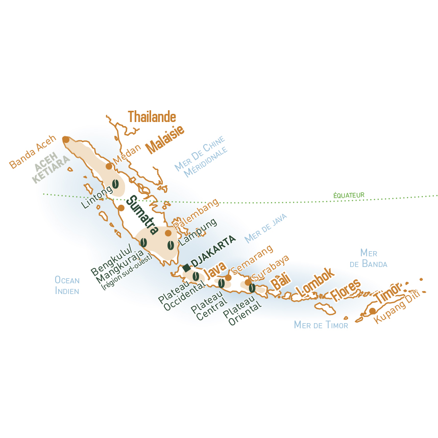 carte du Sumatra indiquant les cultures de café