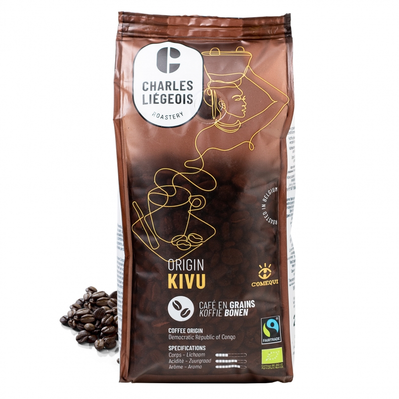 Paquet de café en grains Kivu 250g, issu de la région du Kivu en République Démocratique du Congo, certifié bio et équitable