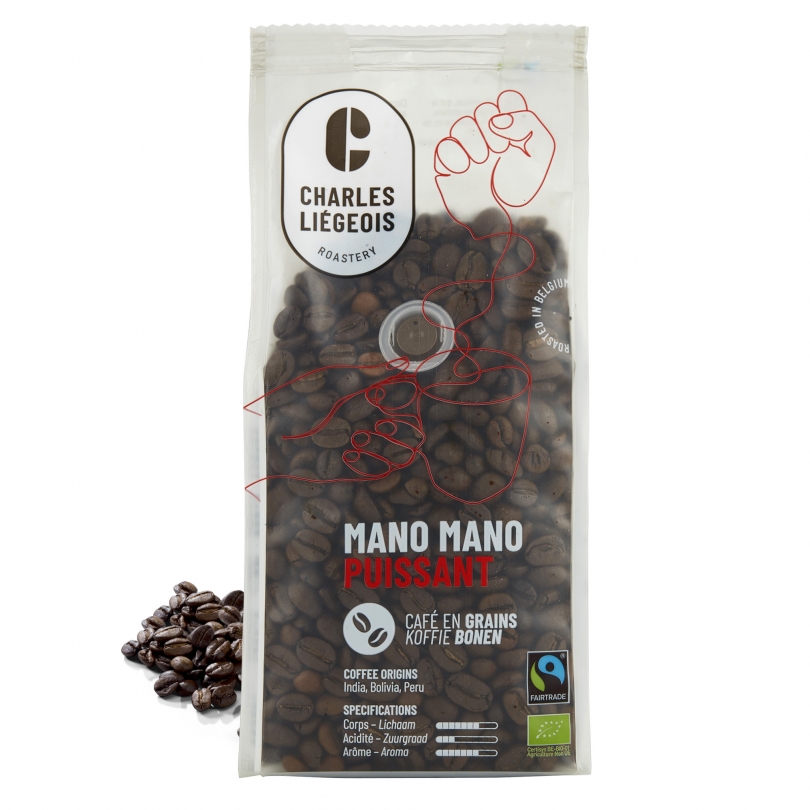 Paquet de café en grains bio et Fairtrade Mano Mano 250g de Charles Liégeois, mélange puissant et éthique.