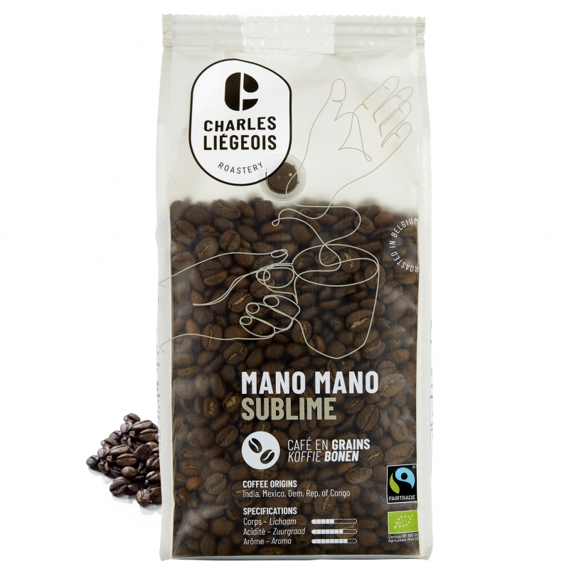Café en grains Mano Mano Sublime 500g, bio et éthique, aux arômes délicats et équilibrés.