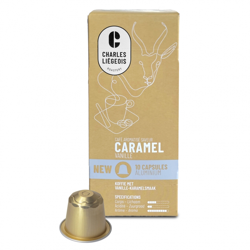 Boîte de 10 capsules Charles Liégeois aromatisées au caramel, compatibles avec les machines Nespresso®.