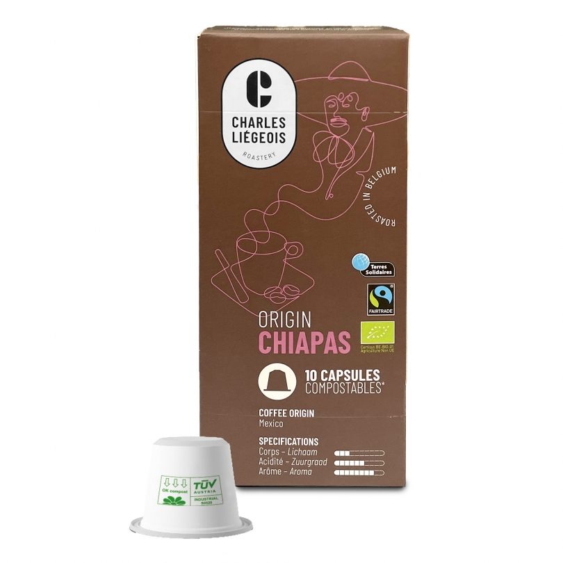 Boîte de 10 capsules Charles Liégeois Chiapas, café biologique aux notes fruitées et épicées, compatibles avec les machines Nespresso®.
