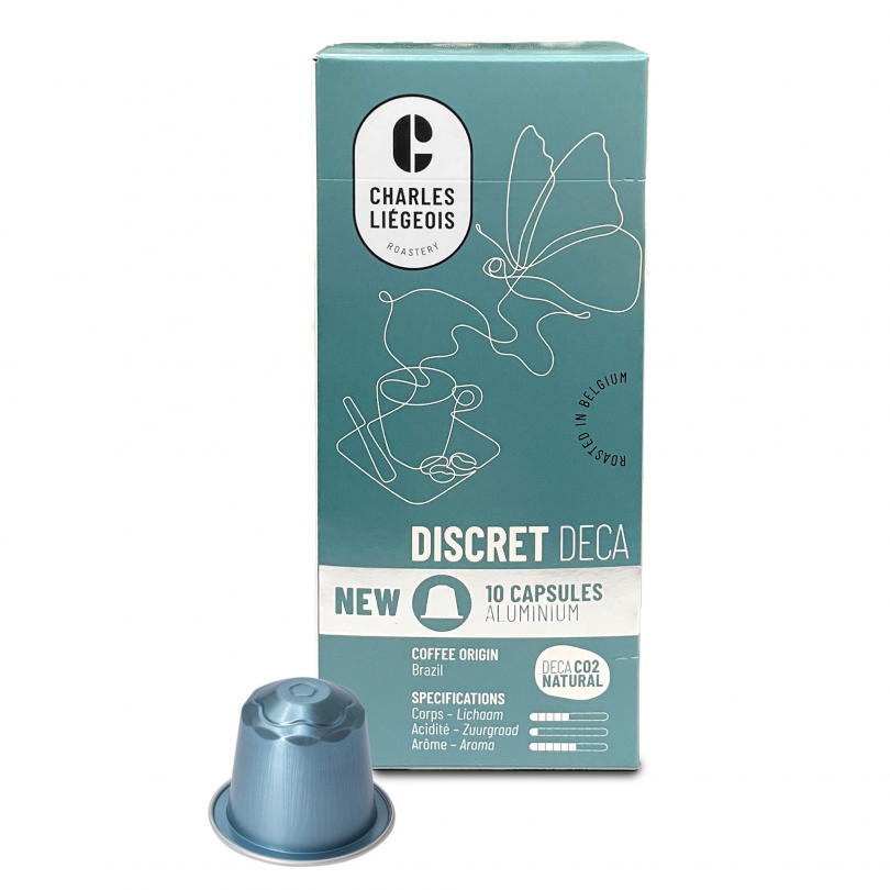 Boîte de 10 capsules Charles Liégeois Discret Déca, café décaféiné originaire du Pérou, compatibles avec les machines Nespresso®.