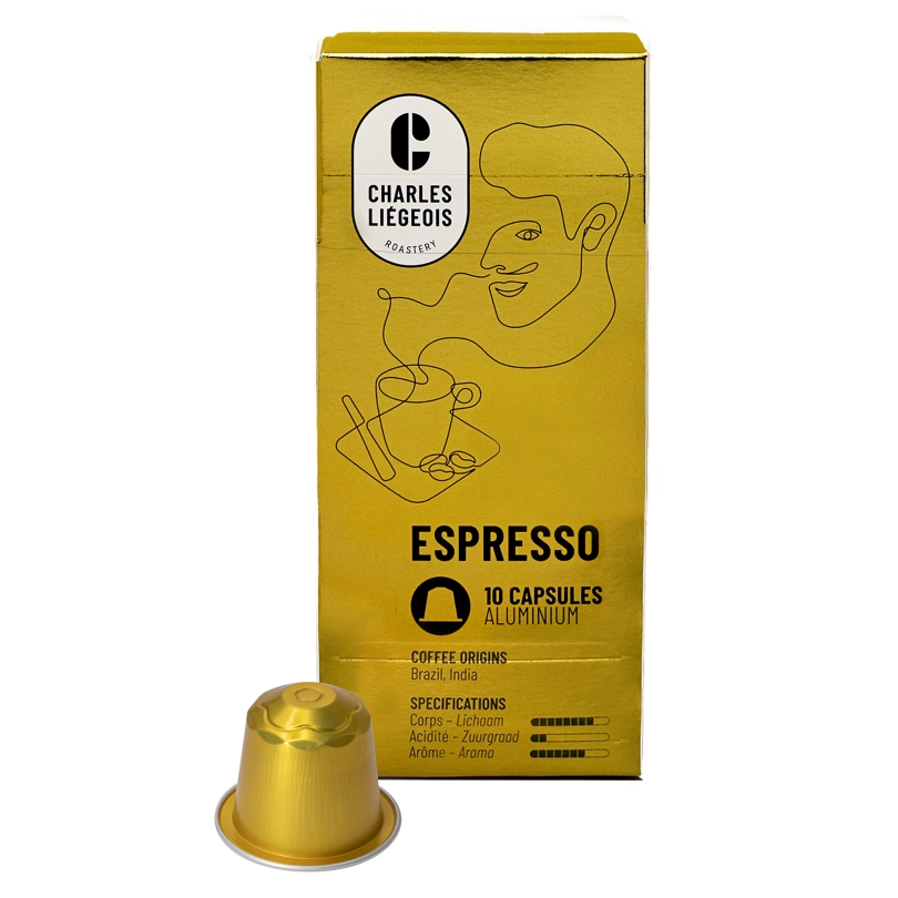 Capsules de café Espresso compatibles Nespresso® de Café Liégeois, offrant un mélange riche et corsé pour une expérience de dégustation intense.