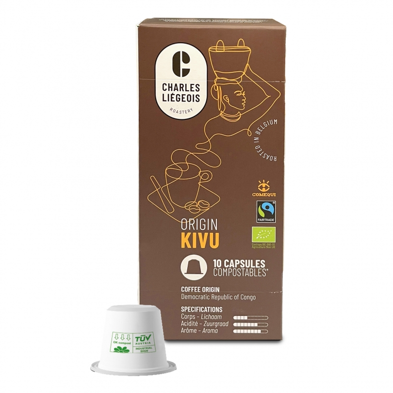 Boîte de 10 capsules Charles Liégeois Kivu, café biologique de la région du Kivu en République Démocratique du Congo, compatibles avec les machines Nespresso®.