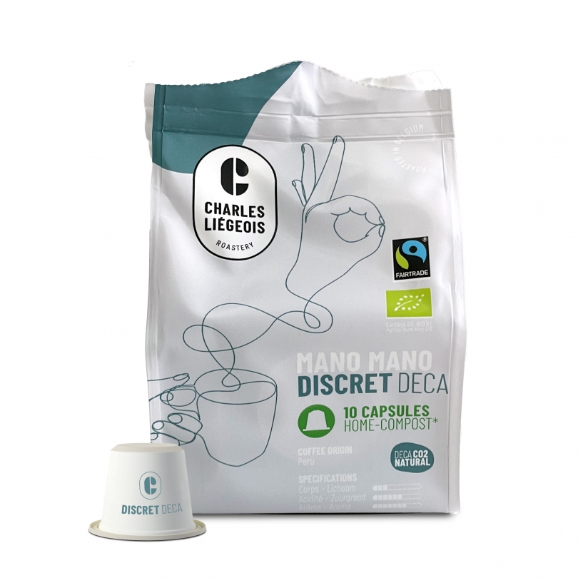 Boîte de 10 capsules biodégradables Charles Liégeois Mano Mano Discret Déca, café décaféiné bio du Pérou, compatibles avec les machines Nespresso®.