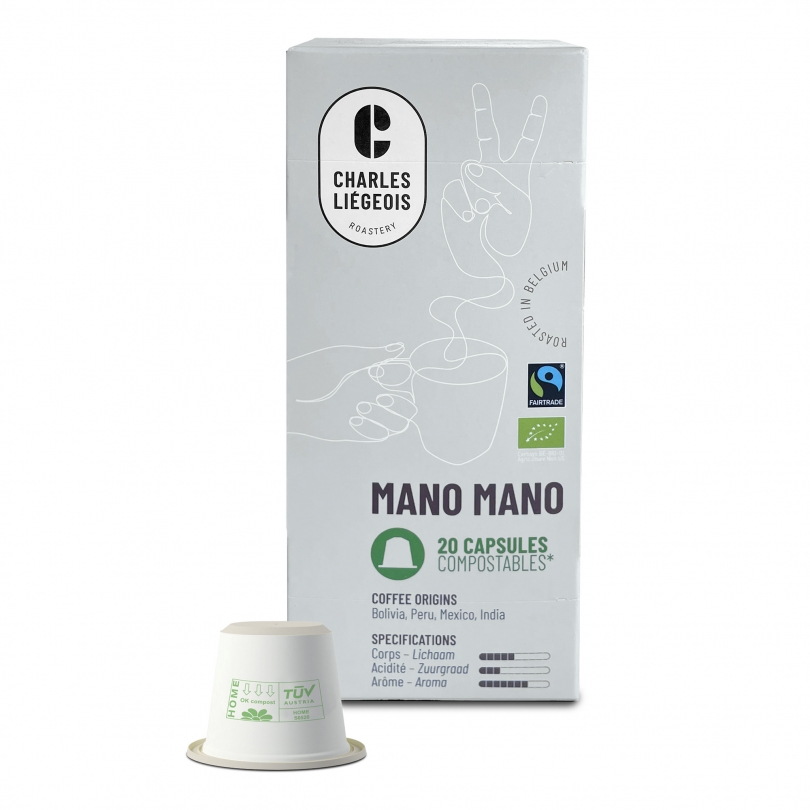Boîte de 20 capsules compostables, de café bio et Fairtrade Mano Mano de Charles Liégeois, compatibles Nespresso®.