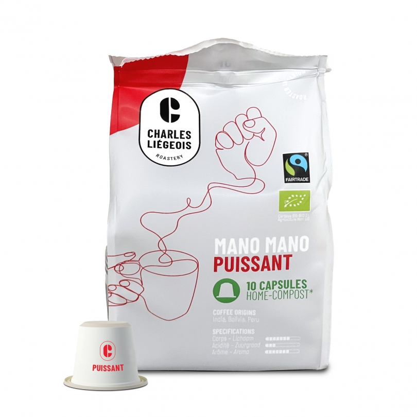 Sachet de 10 capsules biodégradables Charles Liégeois Mano Mano Puissant, café bio intense et corsé, compatibles avec les machines Nespresso®.