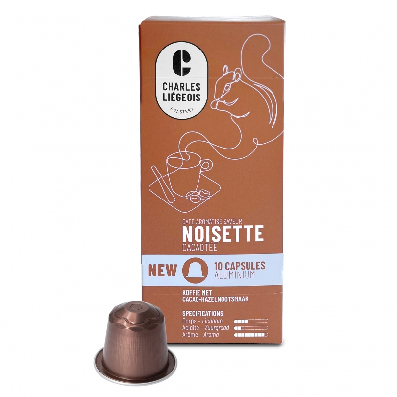 Boîte de 10 capsules Charles Liégeois aromatisées à la noisette, compatibles avec les machines Nespresso®.