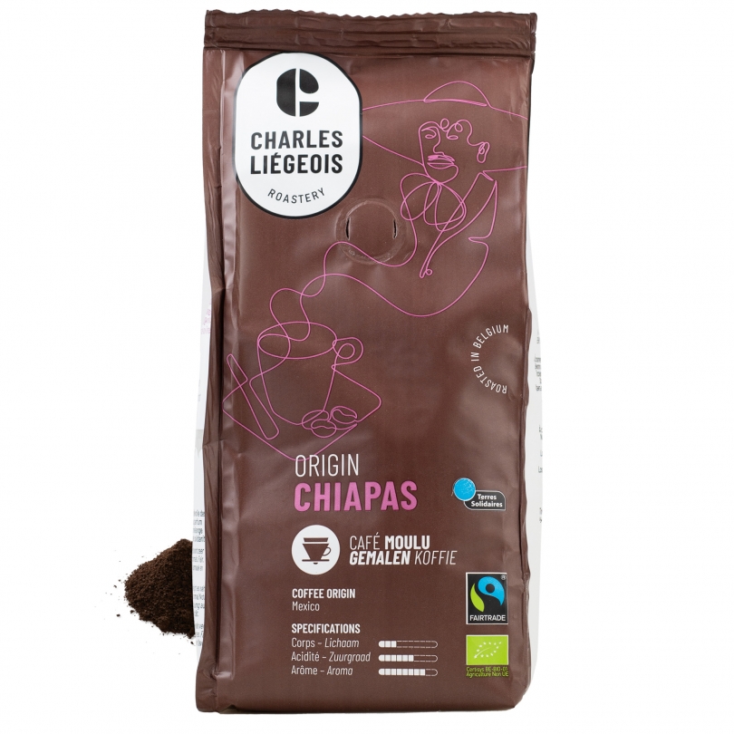 Paquet de café en grains Chiapas 250g, issu de la région du Chiapas au Mexique, certifié bio et équitable
