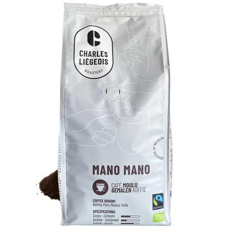 Café moulu Mano Mano Sublime 500g, bio et équitable, avec des arômes subtils et équilibrés.