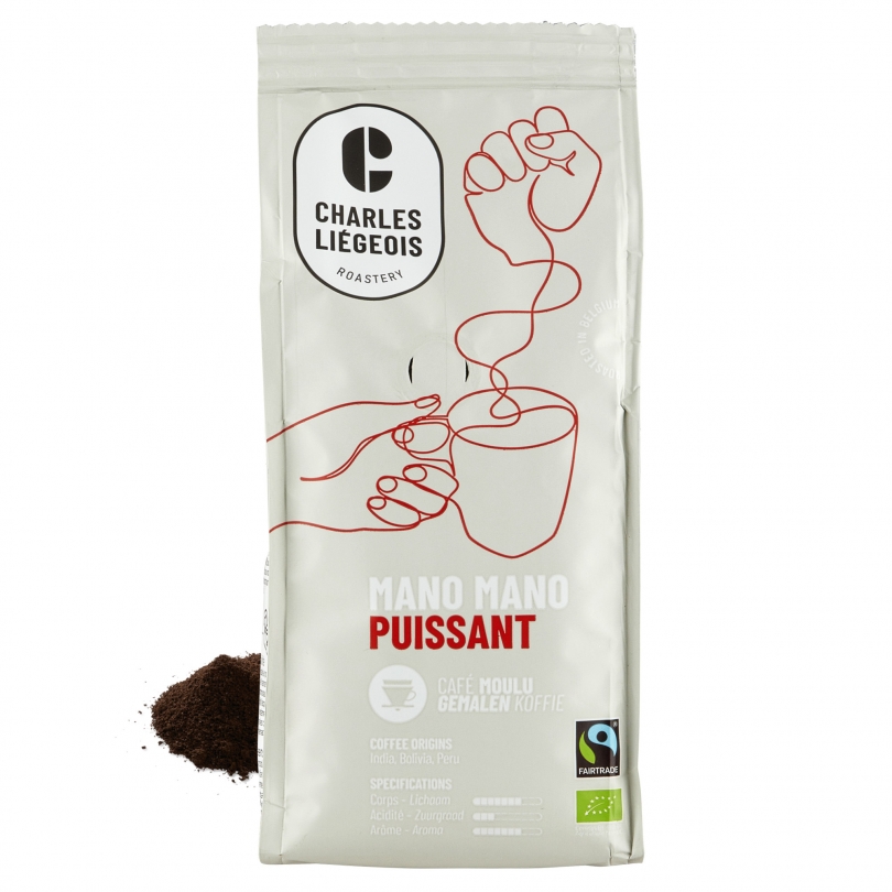 Paquet de café moulu bio et Fairtrade Mano Mano 250g de Charles Liégeois, mélange puissant et corsé.