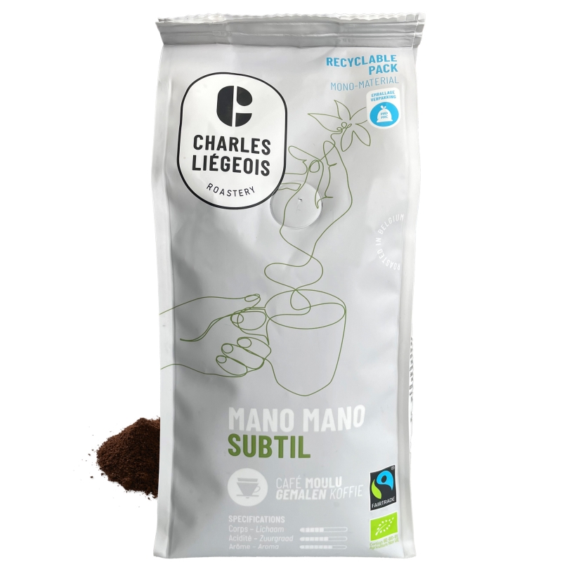 Paquet de café moulu bio et équitable Mano Subtil de Charles Liégeois – 250g
