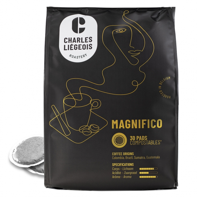 Pack de café en dosettes Magnifico de Charles Liégeois, compatibles Senseo, au goût intense et raffiné.
