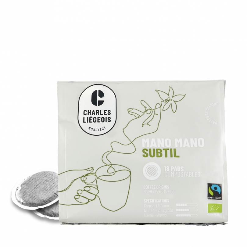 Paquet de 18 dosettes de café Mano Mano Subtil de Charles Liégeois, compatibles Senseo