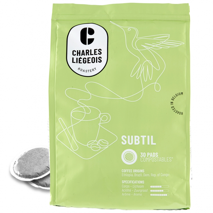 Café Dosettes Subtil de Charles Liégeois - 30 dosettes souples compatibles Senseo, offrant un café doux et aromatique.