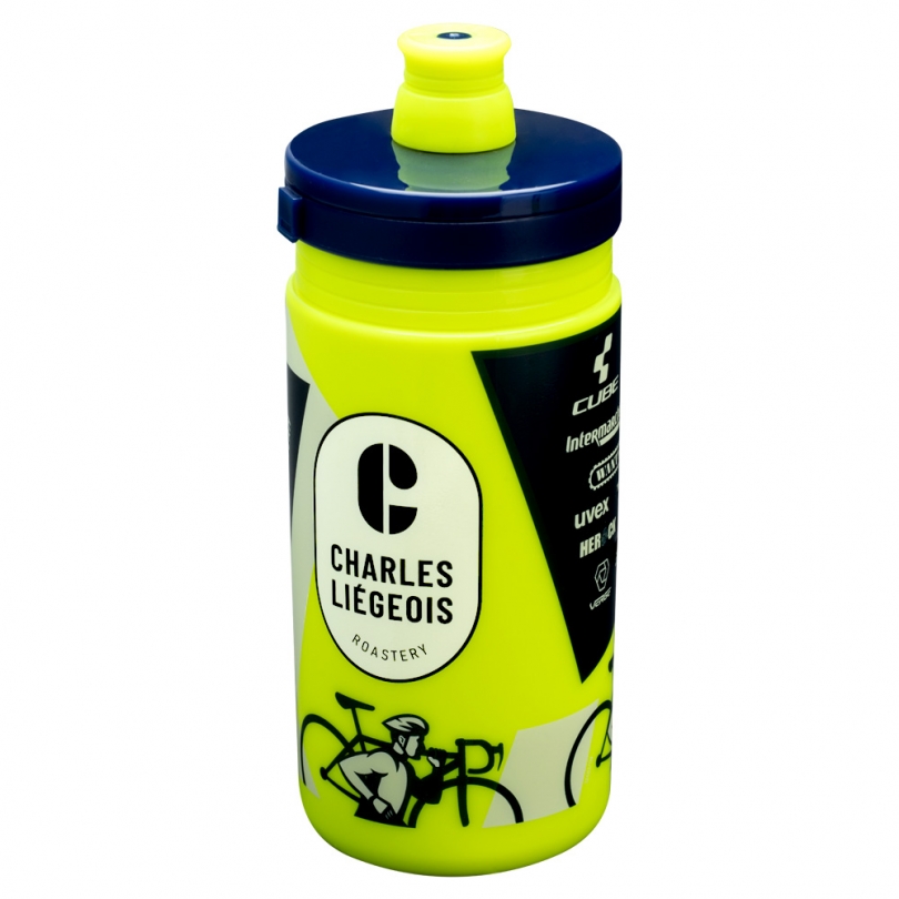 Bidon de vélo aux couleurs de l'équipe Charles Liégeois Roastery CX, affichant le logo de l'équipe