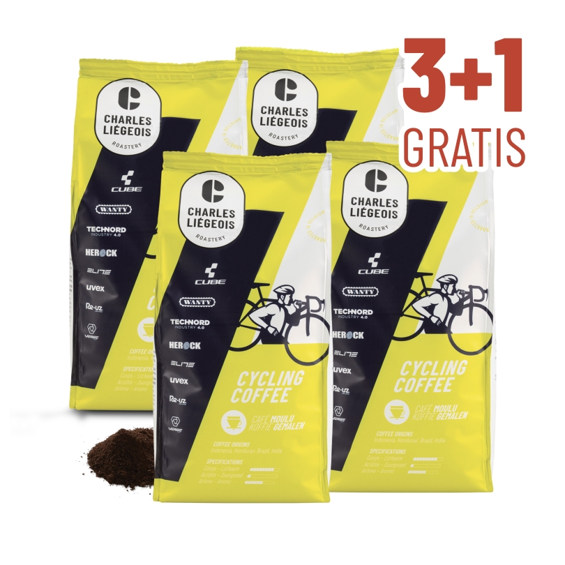 Pack Cyclocross Charles Liégeois Roastery : café moulu 500g et bidon de vélo aux couleurs de l'équipe de cyclocross.