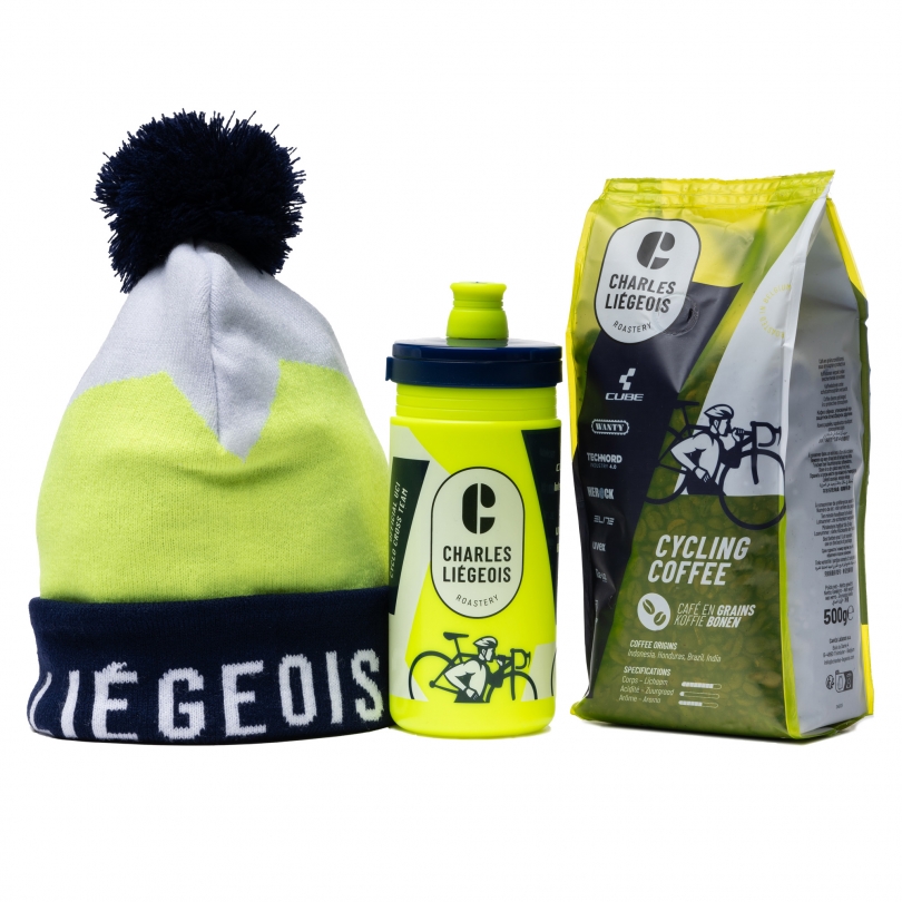 Pack coffee cycling avec bonnet et gourde aux couleurs de l'équipe de cyclocross